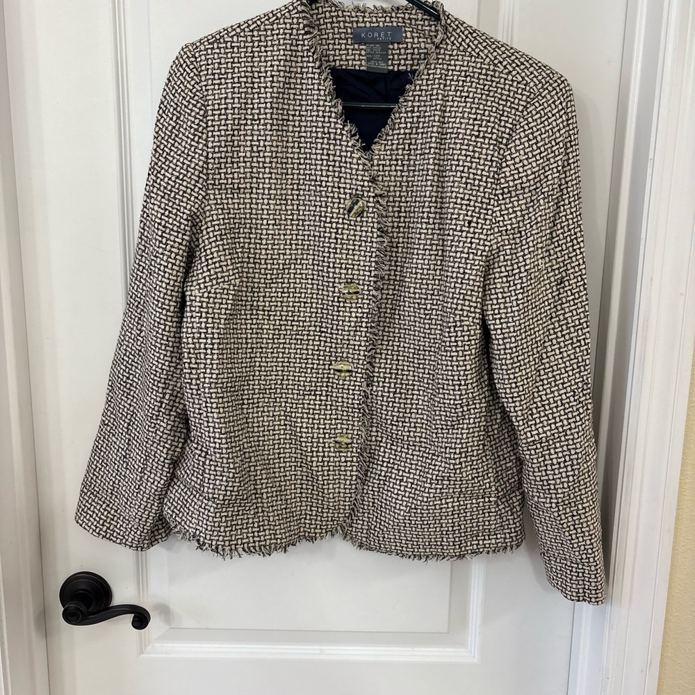 Koret Women's Textured 100% Silk Black and Cream Blazer Fringe Detail 12P